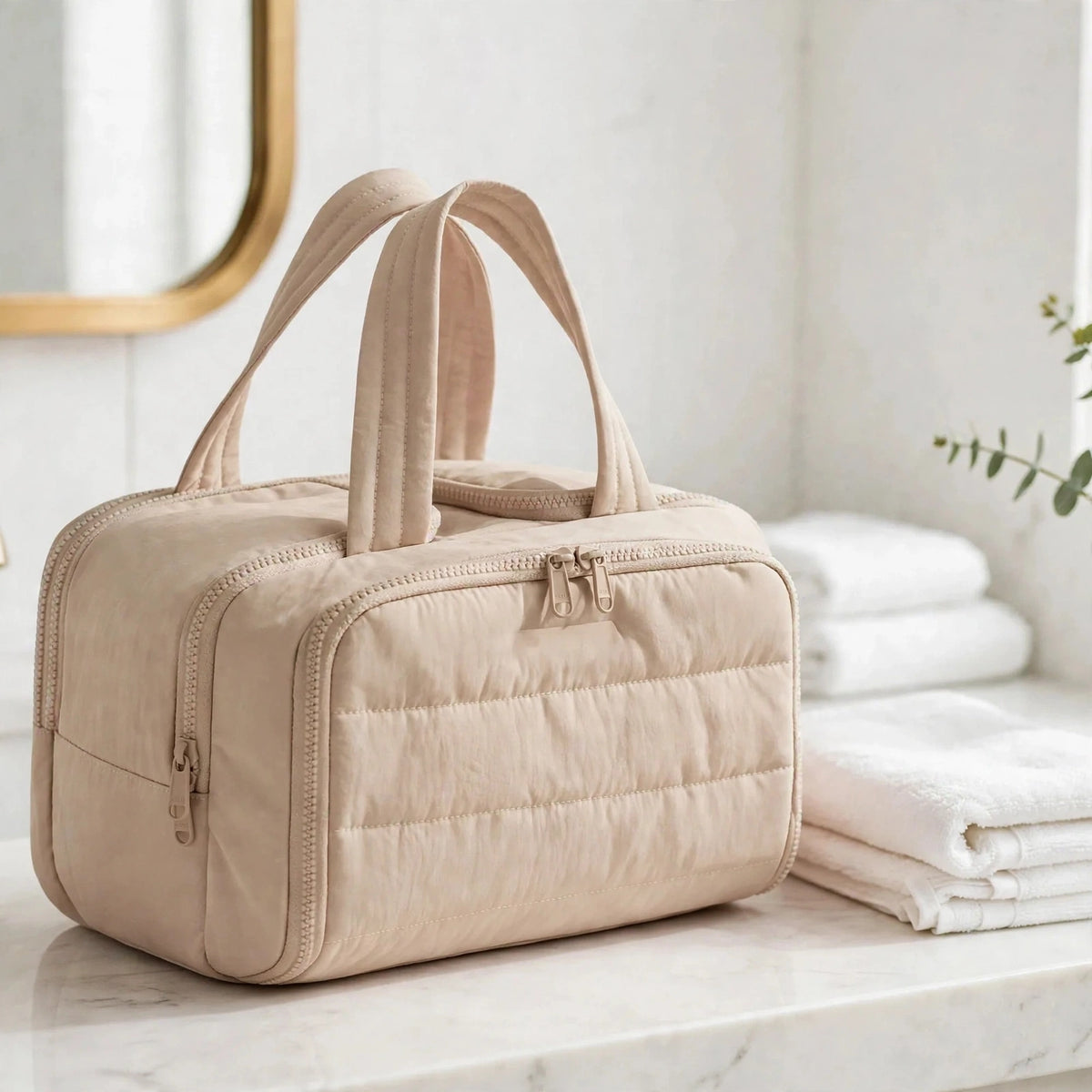 CloudPuff bag — Beige, white bathroom
