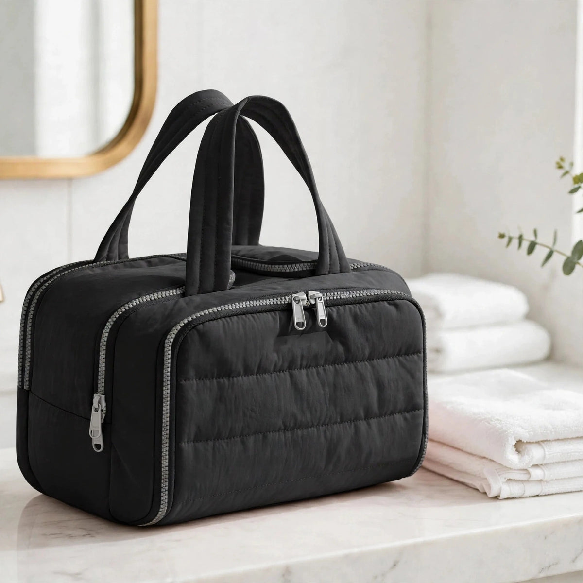 CloudPuff bag — Black, white bathroom