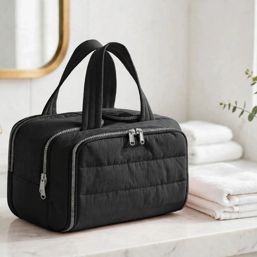 CloudPuff bag — Black, white bathroom