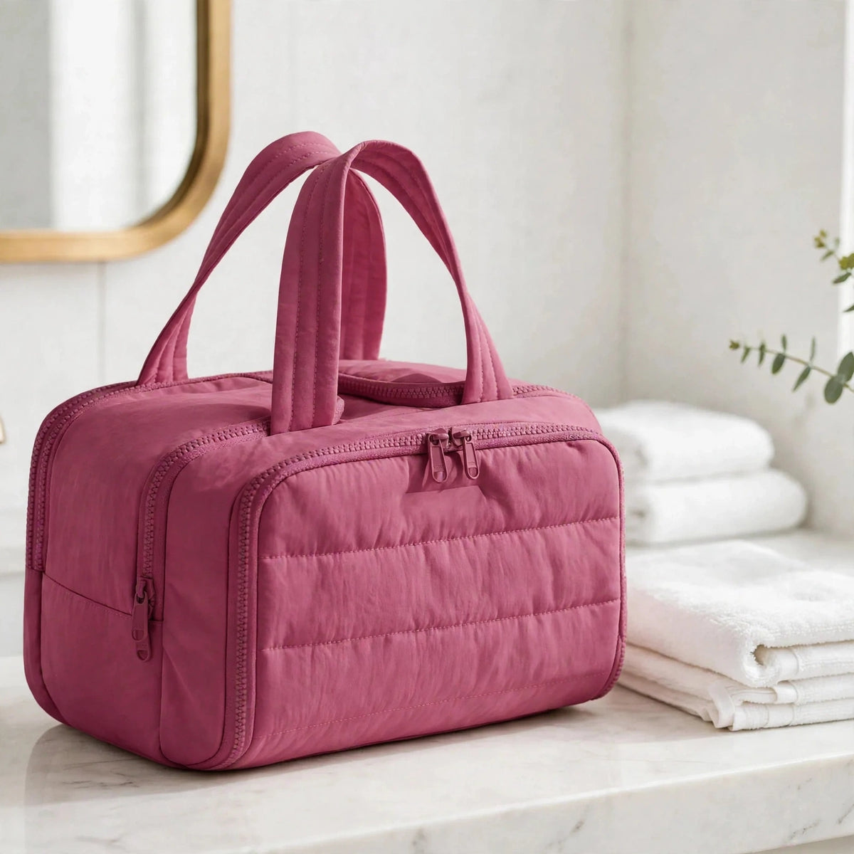 CloudPuff bag — Dark Pink, white bathroom