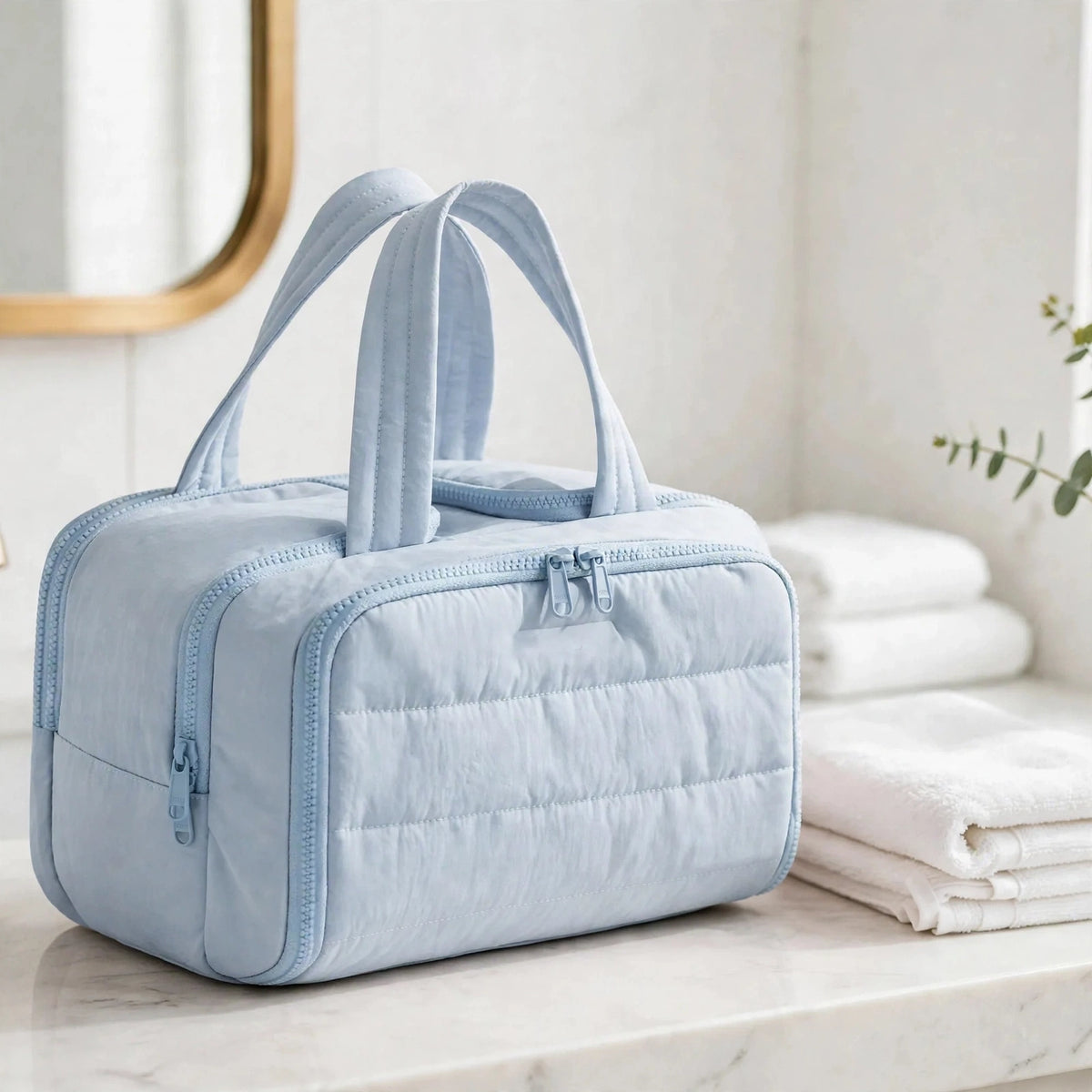 CloudPuff bag — Light Blue, white bathroom