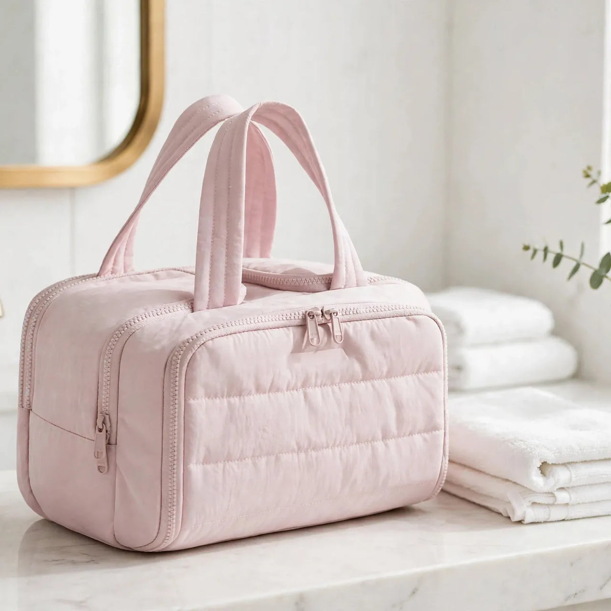 CloudPuff bag — Pink, white bathroom