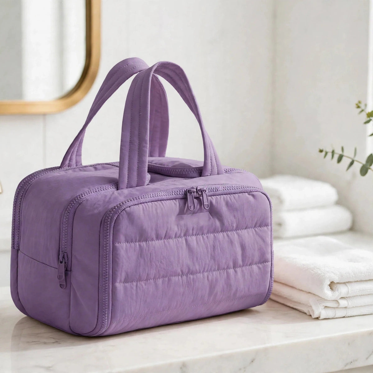 CloudPuff bag — Purple, white bathroom