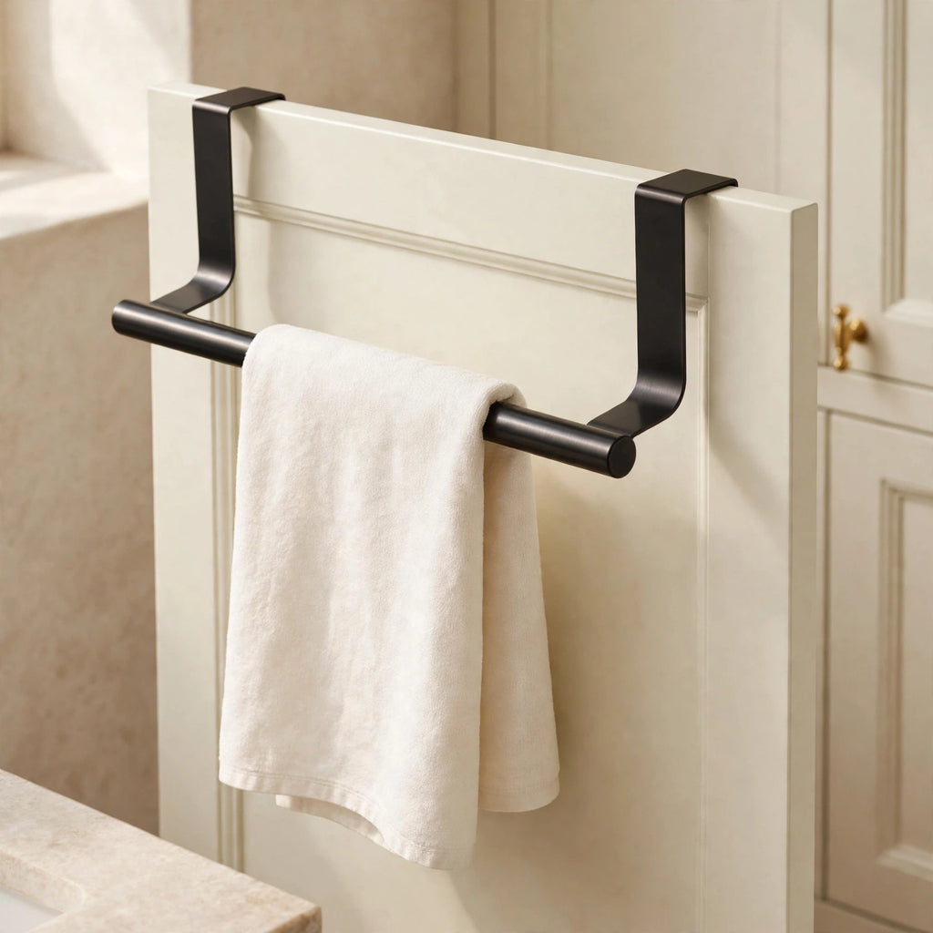Towel bar over a cabinet door with ivory towel