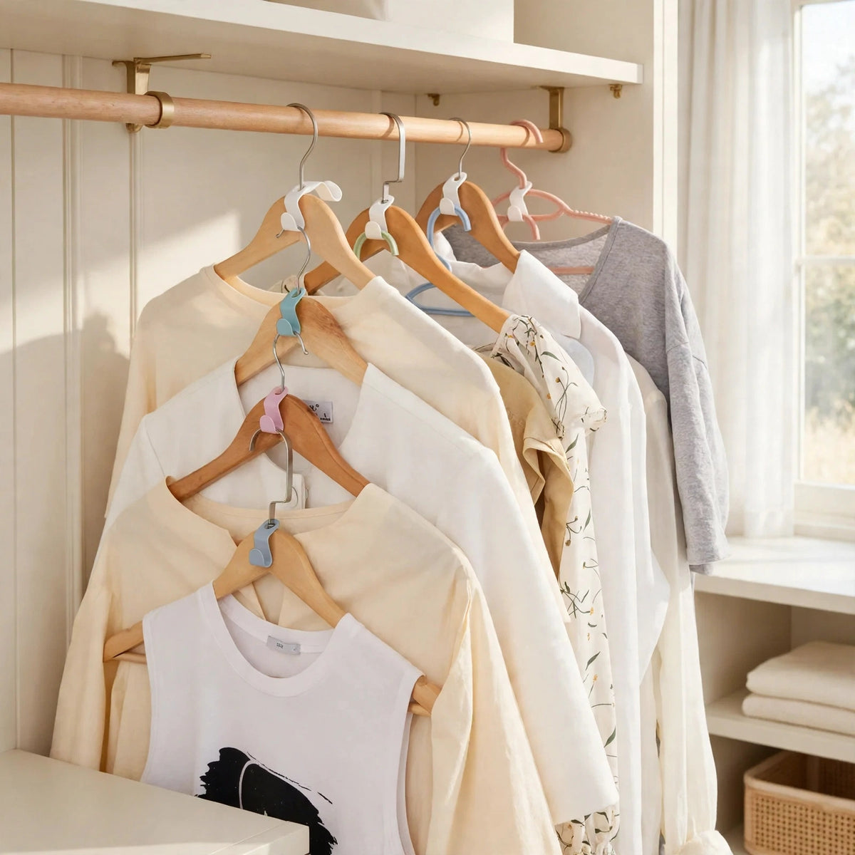 Hanger hooks cascading in an ivory closet