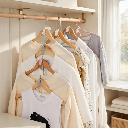 Hanger hooks cascading in an ivory closet
