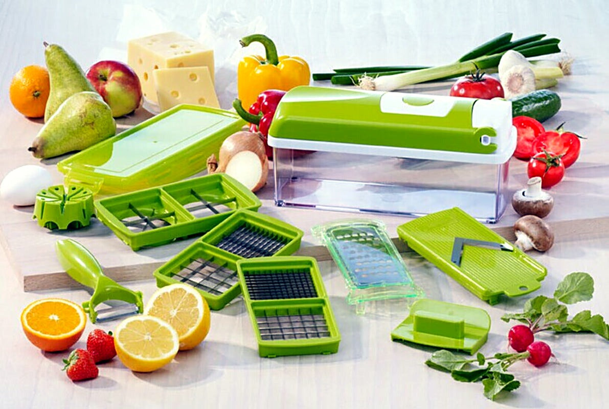 QuickChop 12-piece set laid out — main unit, container and blade inserts